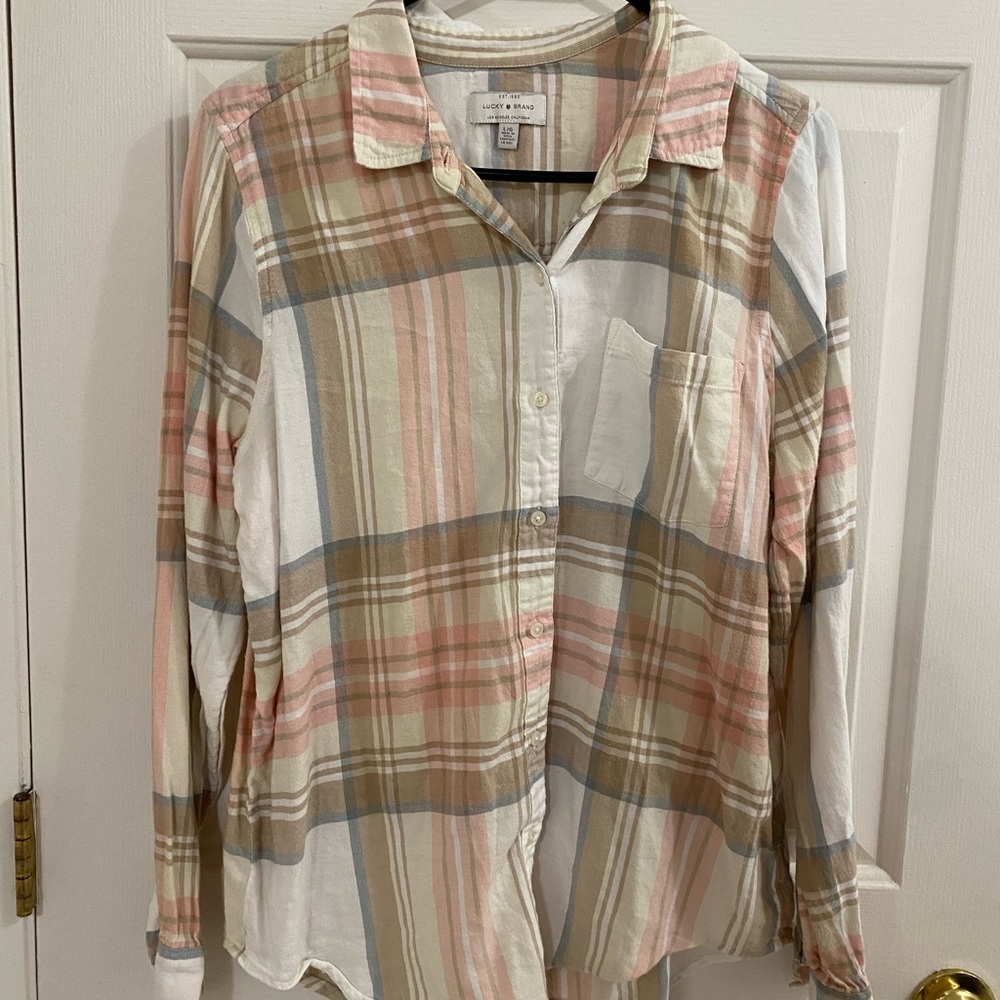Lucky Brand Flannel Size Large Pink Brown Blue Soft Button Down